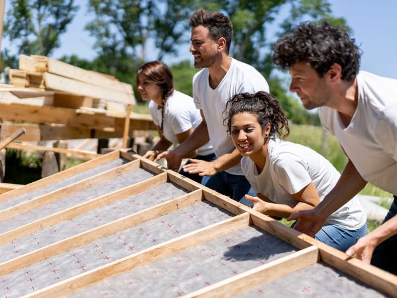 employees building a house together